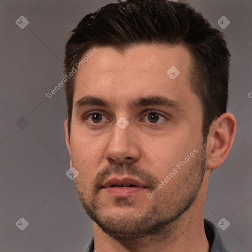 Neutral white young-adult male with short  brown hair and brown eyes