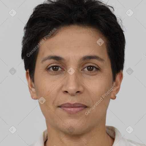 Joyful white adult female with short  brown hair and brown eyes