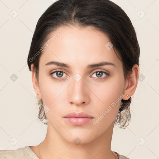 Neutral white young-adult female with medium  brown hair and brown eyes