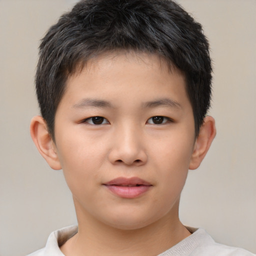 Joyful asian child male with short  brown hair and brown eyes