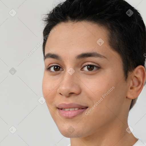 Joyful white young-adult female with short  brown hair and brown eyes