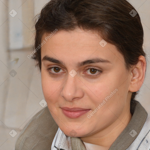 Joyful white adult female with short  brown hair and brown eyes