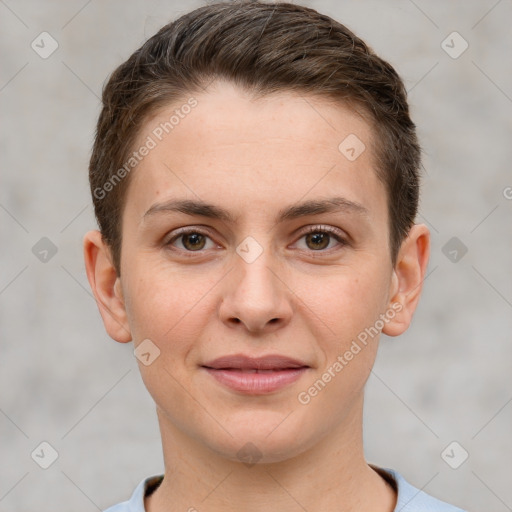 Joyful white young-adult female with short  brown hair and grey eyes