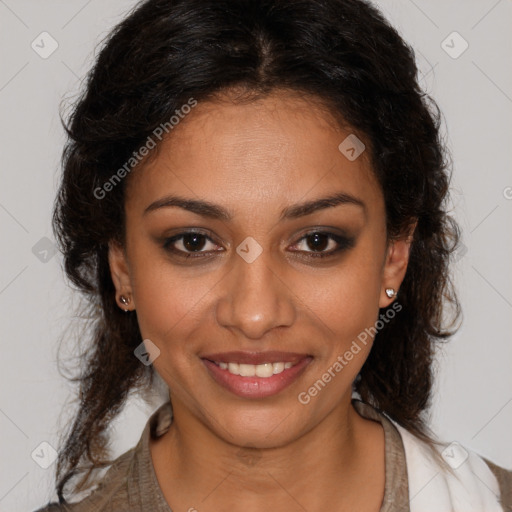 Joyful latino young-adult female with medium  brown hair and brown eyes