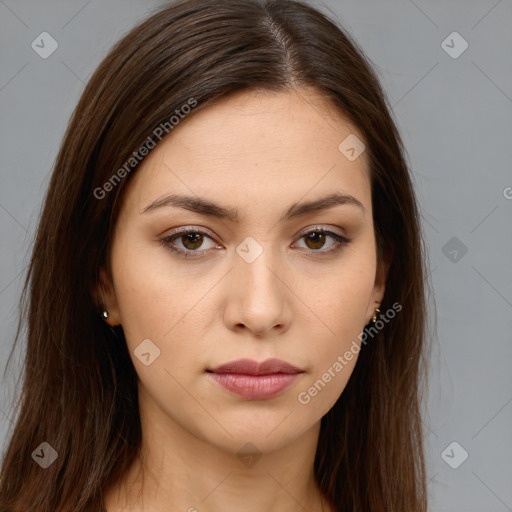 Neutral white young-adult female with long  brown hair and brown eyes