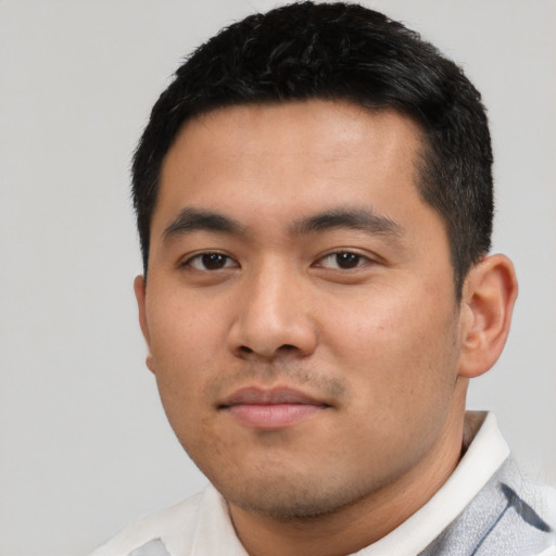 Neutral asian young-adult male with short  black hair and brown eyes