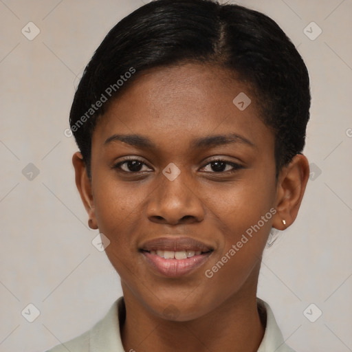 Joyful black young-adult female with short  black hair and brown eyes