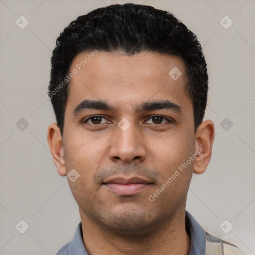 Neutral latino young-adult male with short  black hair and brown eyes