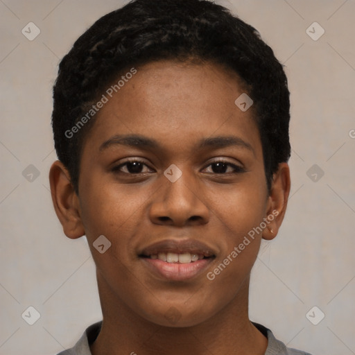 Joyful black young-adult female with short  black hair and brown eyes