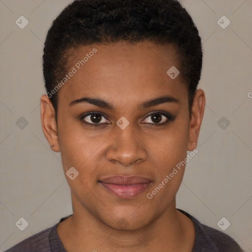 Joyful black young-adult female with short  brown hair and brown eyes