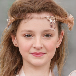 Joyful white child female with medium  brown hair and grey eyes