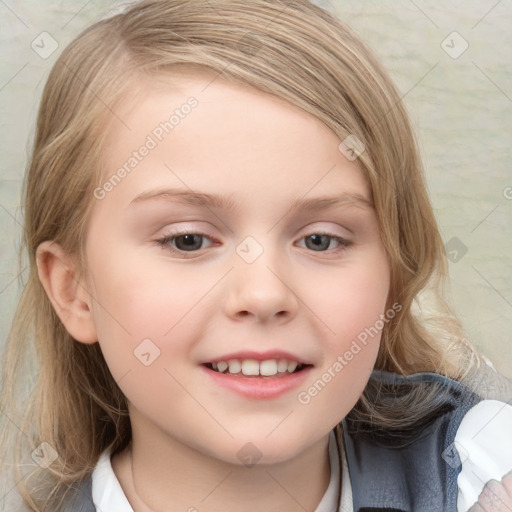 Joyful white child female with medium  brown hair and grey eyes