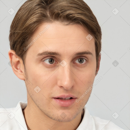 Neutral white young-adult male with short  brown hair and brown eyes