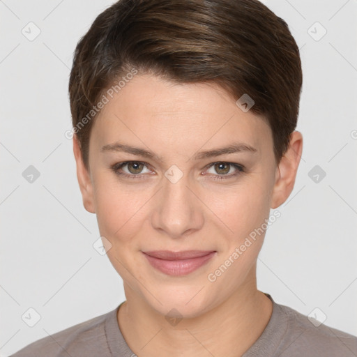 Joyful white young-adult female with short  brown hair and grey eyes