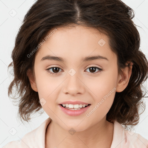 Joyful white child female with medium  brown hair and brown eyes