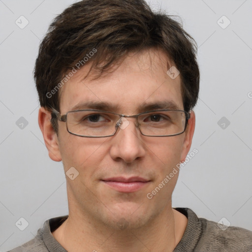 Joyful white adult male with short  brown hair and grey eyes