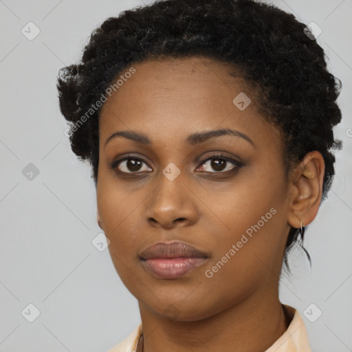 Neutral black young-adult female with short  black hair and brown eyes