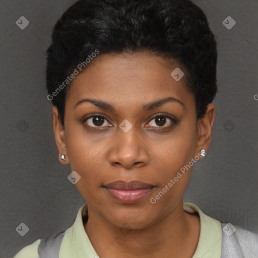 Neutral black young-adult female with short  black hair and brown eyes