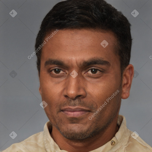 Neutral latino adult male with short  black hair and brown eyes