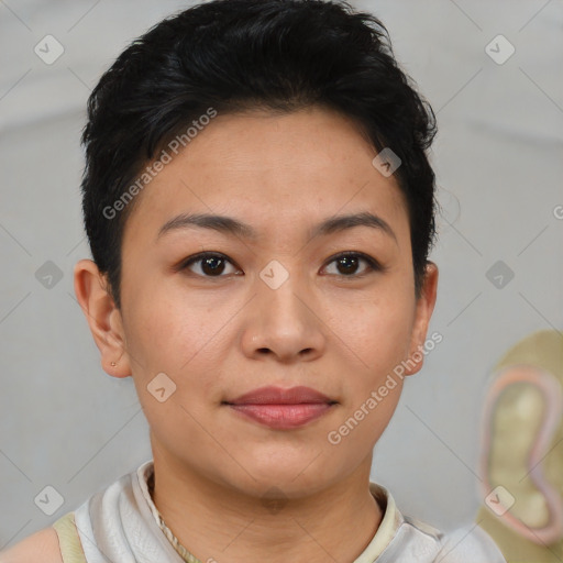 Joyful asian young-adult female with short  brown hair and brown eyes