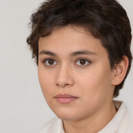 Neutral white young-adult female with short  brown hair and brown eyes