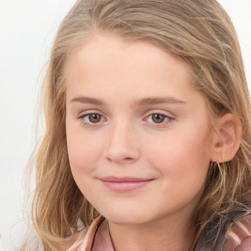 Joyful white child female with long  brown hair and brown eyes