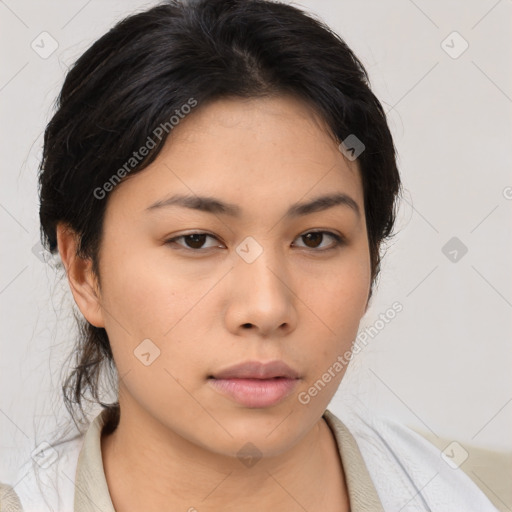 Neutral asian young-adult female with medium  brown hair and brown eyes