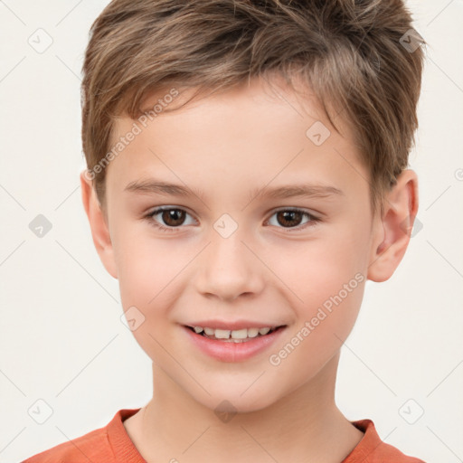 Joyful white child male with short  brown hair and brown eyes