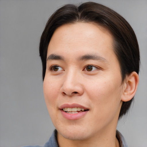 Joyful asian young-adult male with medium  brown hair and brown eyes