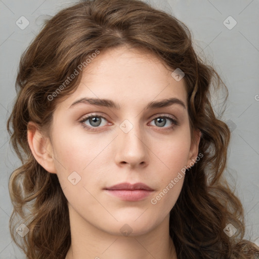 Neutral white young-adult female with long  brown hair and brown eyes