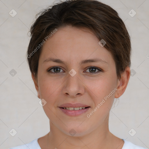 Joyful white young-adult female with short  brown hair and brown eyes