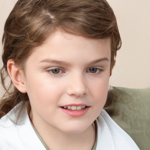 Joyful white child female with medium  brown hair and brown eyes