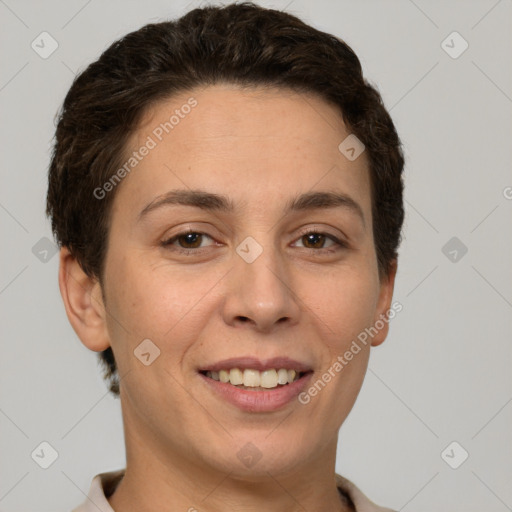 Joyful white young-adult female with short  brown hair and brown eyes