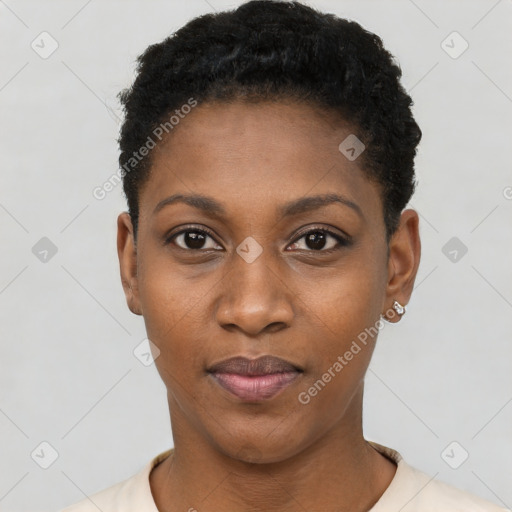 Neutral black young-adult female with short  black hair and brown eyes