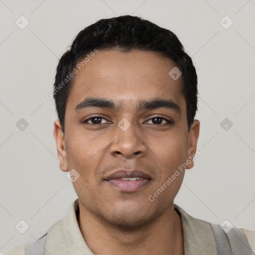 Neutral latino young-adult male with short  black hair and brown eyes