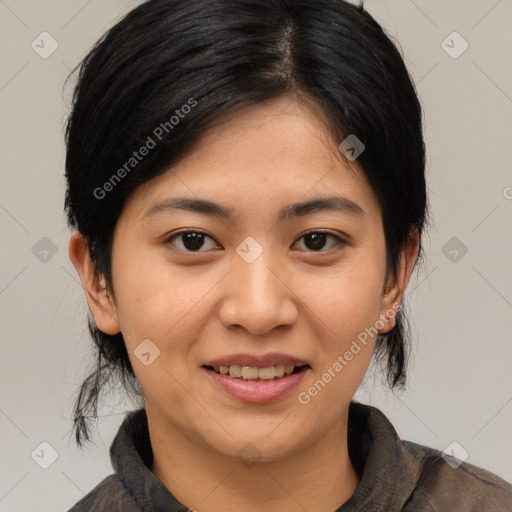 Joyful asian young-adult female with medium  black hair and brown eyes