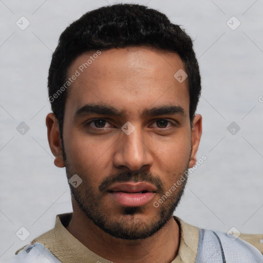 Neutral white young-adult male with short  black hair and brown eyes