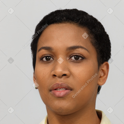 Neutral latino young-adult female with short  black hair and brown eyes