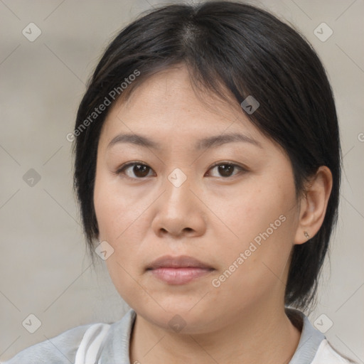 Neutral white young-adult female with medium  brown hair and brown eyes