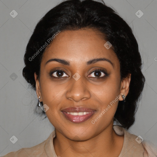 Joyful black young-adult female with medium  black hair and brown eyes