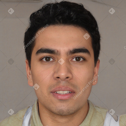 Neutral white young-adult male with short  black hair and brown eyes