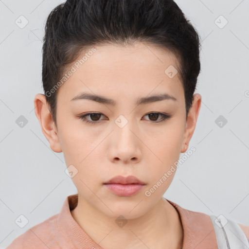 Neutral asian young-adult female with short  brown hair and brown eyes