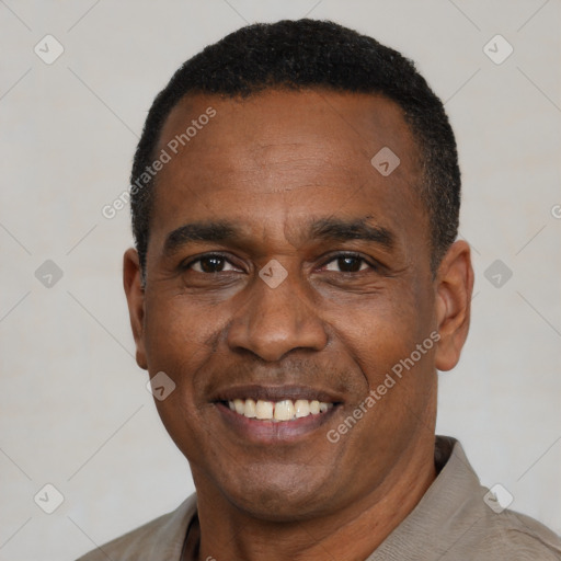 Joyful black adult male with short  black hair and brown eyes