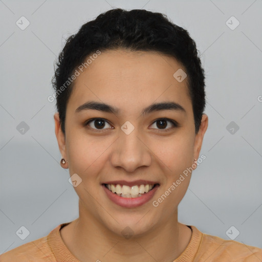 Joyful latino young-adult female with short  black hair and brown eyes