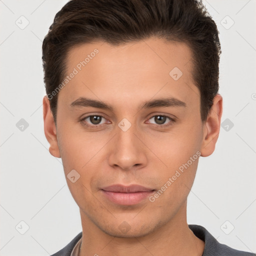 Neutral white young-adult male with short  brown hair and brown eyes