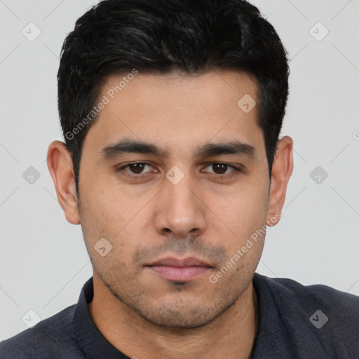 Neutral white young-adult male with short  black hair and brown eyes