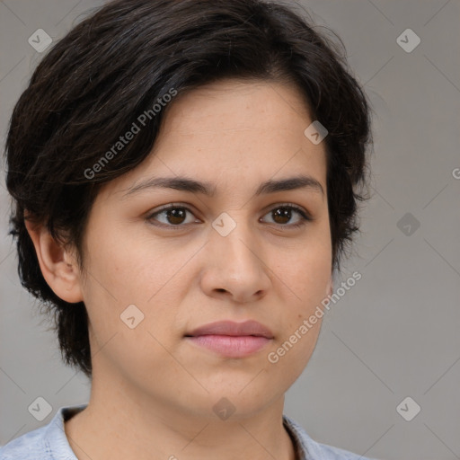 Neutral white young-adult female with medium  brown hair and brown eyes