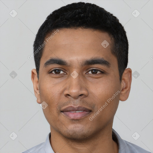 Neutral latino young-adult male with short  black hair and brown eyes