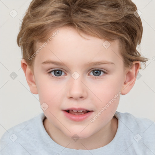 Joyful white child female with short  brown hair and grey eyes