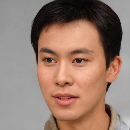 Neutral asian young-adult male with short  brown hair and brown eyes